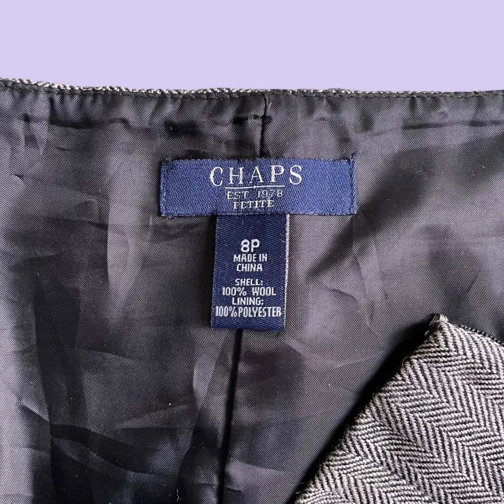 Chaps Vintage Y2K Grey Herringbone Wool Skirt Petite 8P Pleated Fit Flare Lined